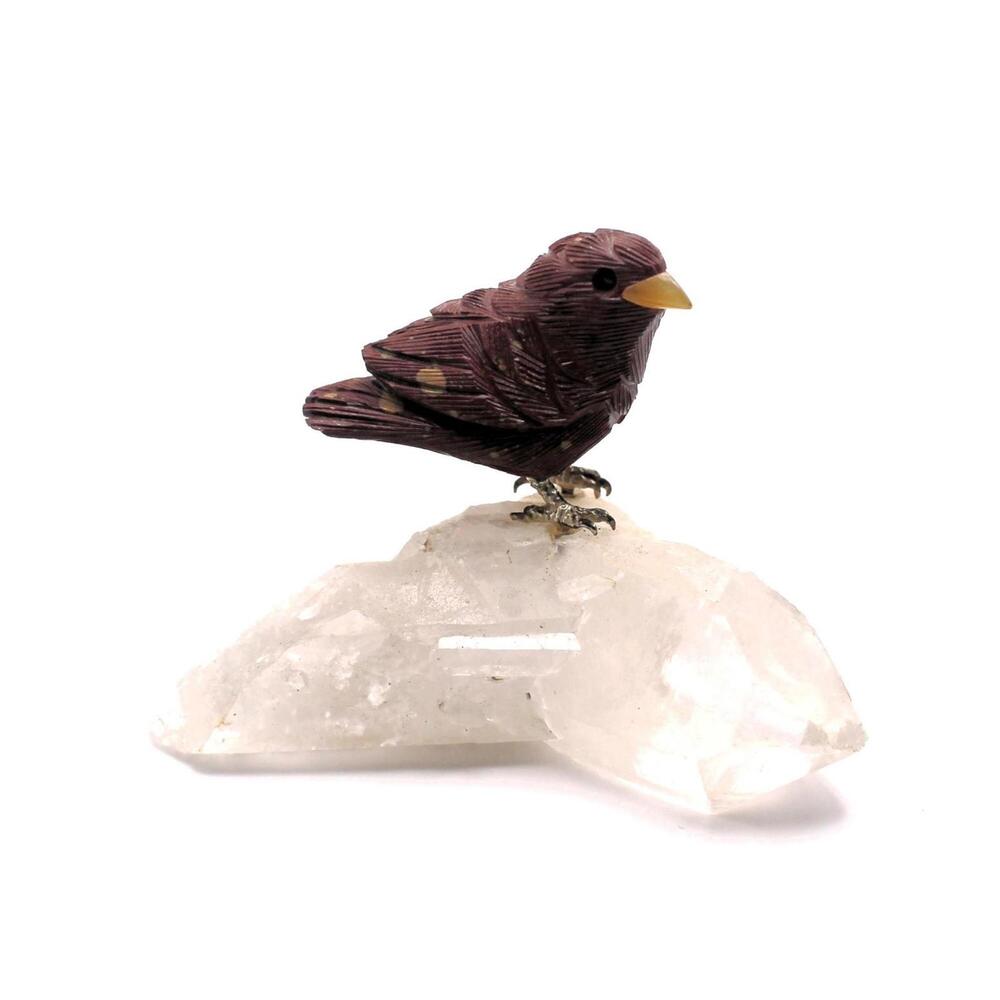 Vintage Hand Carved Red Jasper Bird Figurine w/ Quartz Base
